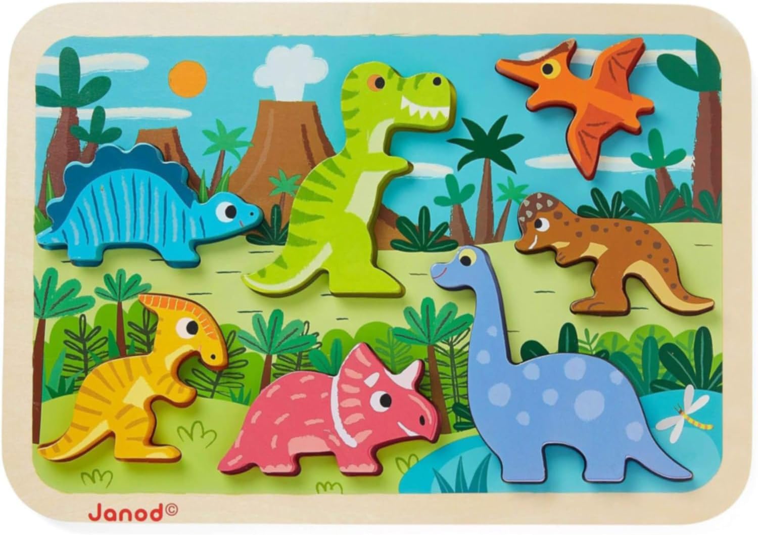 Janod - Chunky Wooden Dinosaurs Puzzle - 7 Pieces - Fine Motor Skills Development and Concentration - From 18 Months, J07054