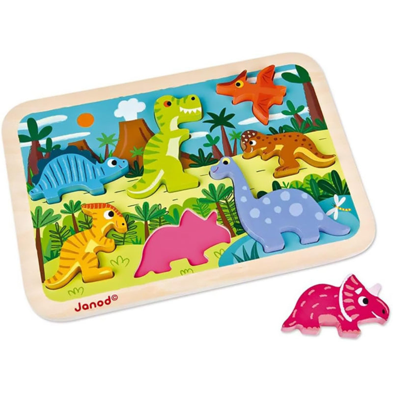 Janod - Chunky Wooden Dinosaurs Puzzle - 7 Pieces - Fine Motor Skills Development and Concentration - From 18 Months, J07054