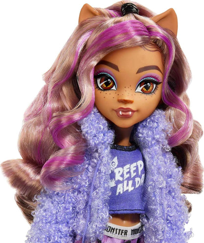 Monster High Doll and Sleepover Accessories, Clawdeen Wolf Doll with Pet Dog Crescent, Creepover Party, HKY67 Clawdeen Wolf Pyjama Set