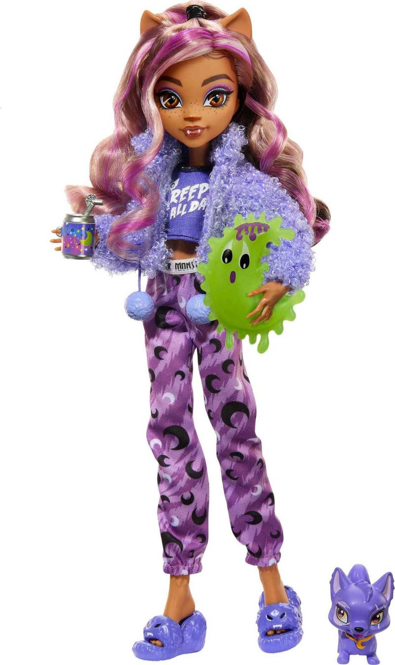 Monster High Doll and Sleepover Accessories, Clawdeen Wolf Doll with Pet Dog Crescent, Creepover Party, HKY67 Clawdeen Wolf Pyjama Set
