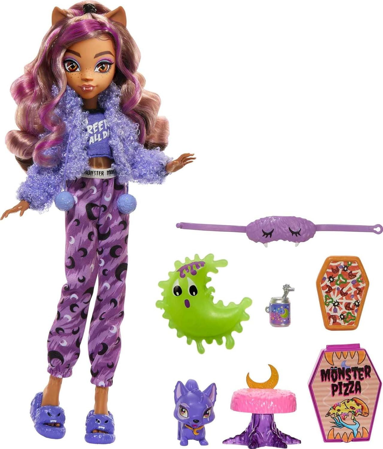 Monster High Doll and Sleepover Accessories, Clawdeen Wolf Doll with Pet Dog Crescent, Creepover Party, HKY67 Clawdeen Wolf Pyjama Set