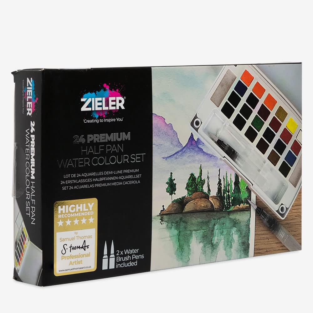 Zakformaat Premium aquarel verfdoos set van Zieler® - 24 halve pannen, 2 navulbare aquarelborstels, mengpallet, 2 sponzen en duurzame koffer. Compleet met startgids - ideale reisset