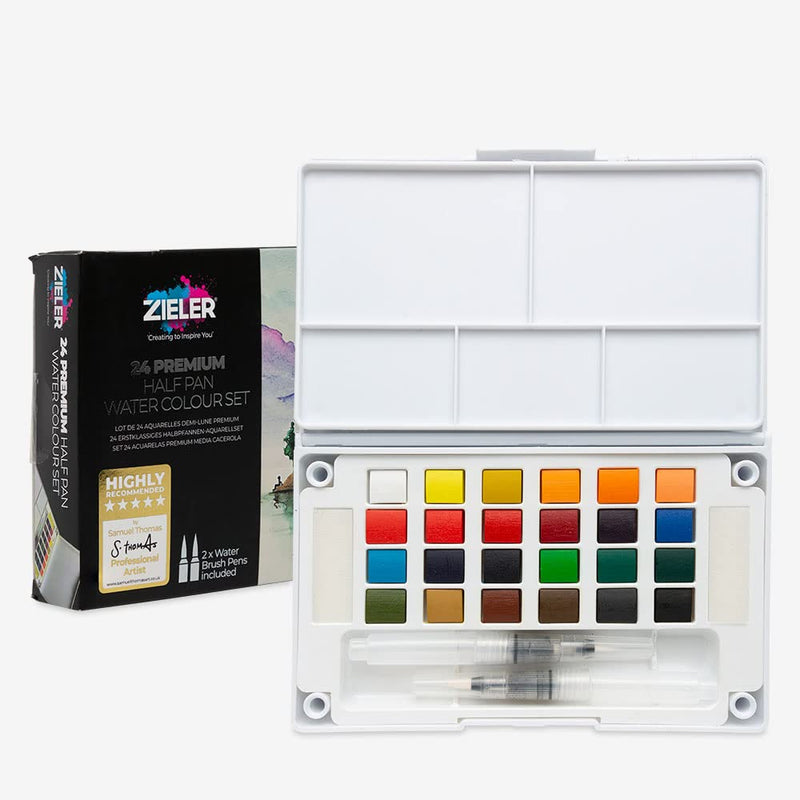 Zakformaat Premium aquarel verfdoos set van Zieler® - 24 halve pannen, 2 navulbare aquarelborstels, mengpallet, 2 sponzen en duurzame koffer. Compleet met startgids - ideale reisset
