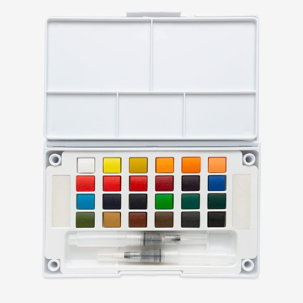 Zakformaat Premium aquarel verfdoos set van Zieler® - 24 halve pannen, 2 navulbare aquarelborstels, mengpallet, 2 sponzen en duurzame koffer. Compleet met startgids - ideale reisset