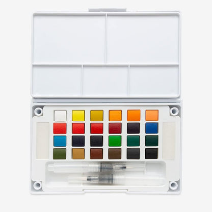 Zakformaat Premium aquarel verfdoos set van Zieler® - 24 halve pannen, 2 navulbare aquarelborstels, mengpallet, 2 sponzen en duurzame koffer. Compleet met startgids - ideale reisset