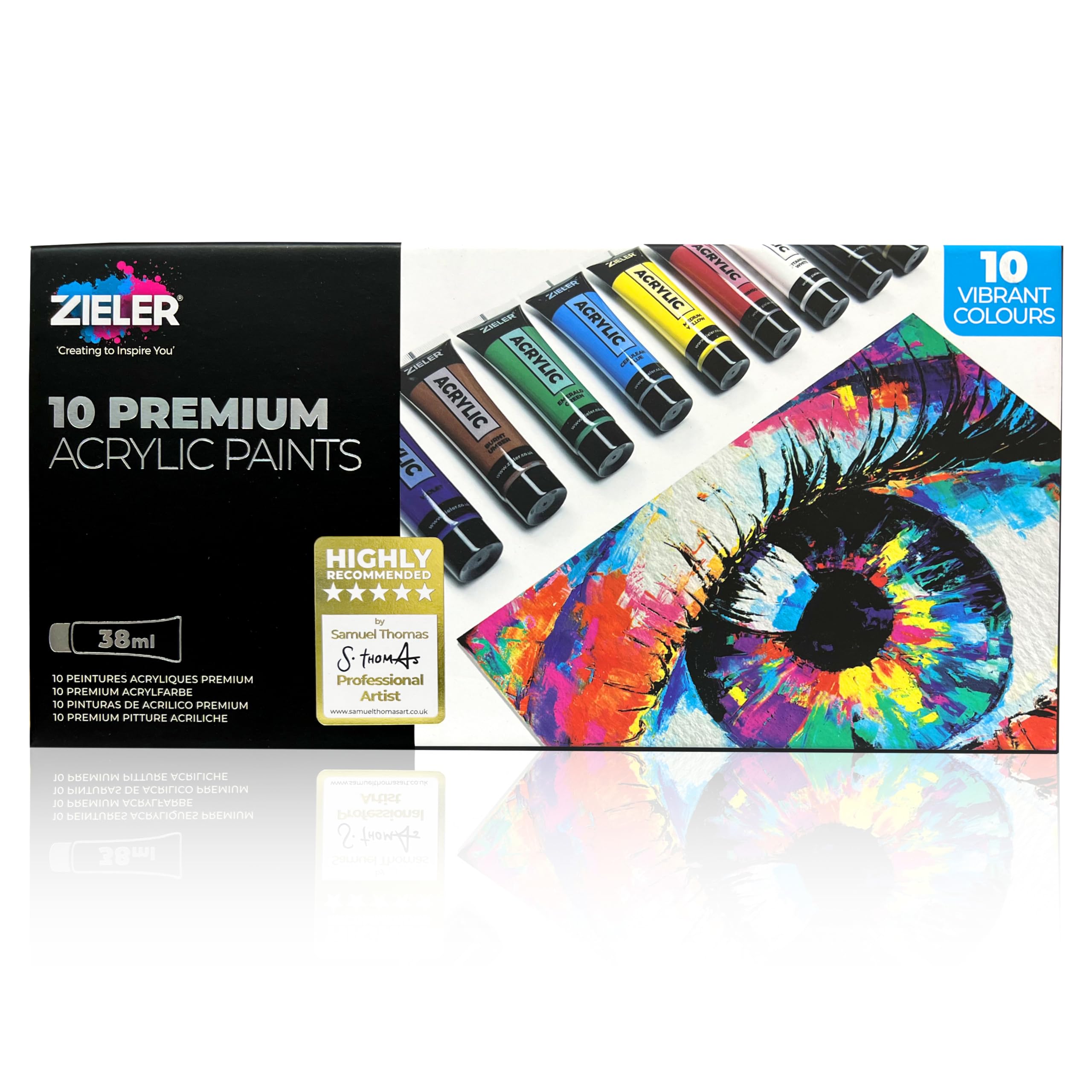 Zieler Premium Acrylic Paint Set (10 Tubes – 38ml - Essential Colours) Ideal for Paper, Canvas, Wood, Ceramic, Fabric & Crafts. Vibrant Colours & Rich Pigments 10 x 38ml Tubes