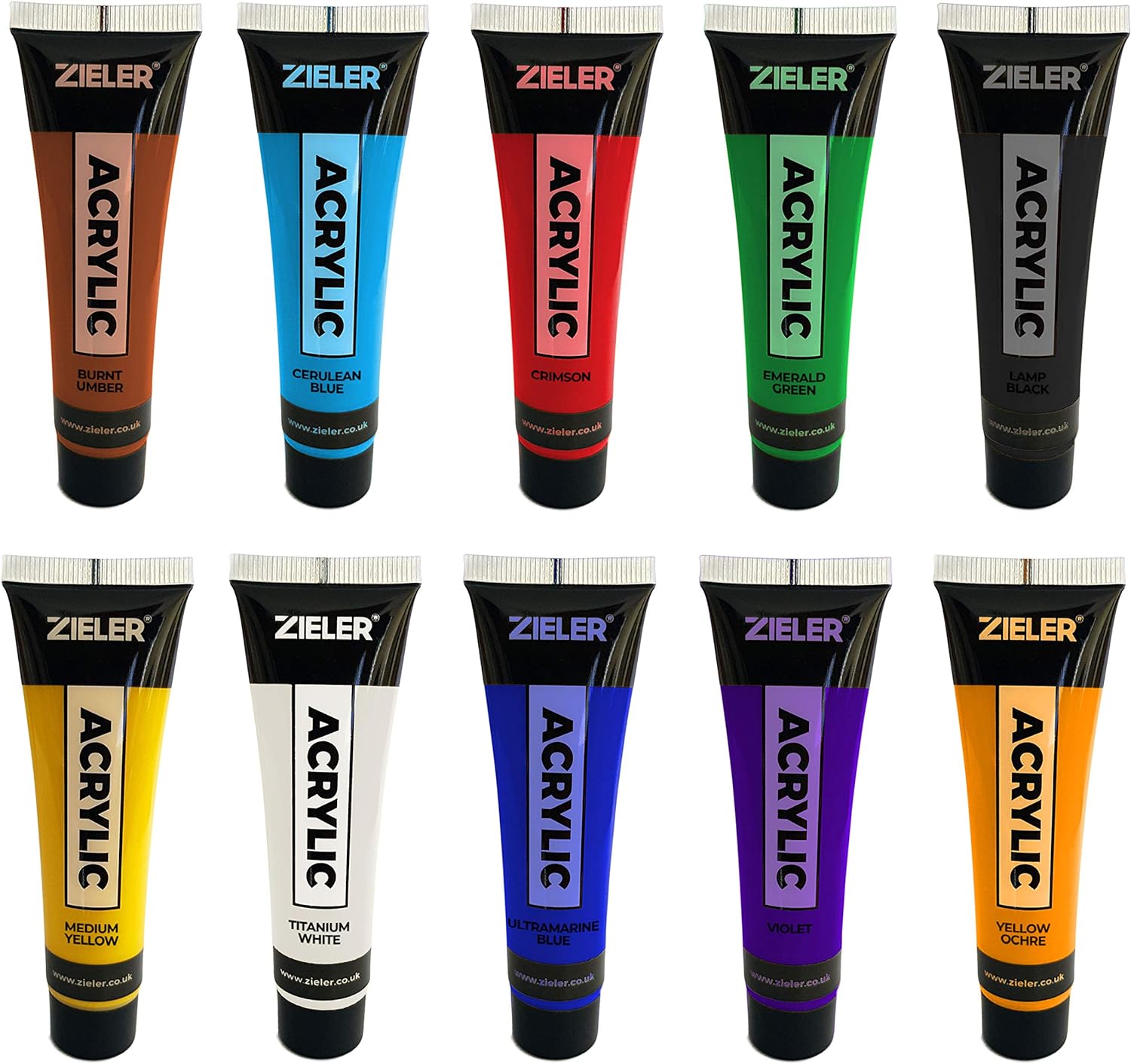 Zieler Premium Acrylic Paint Set (10 Tubes – 38ml - Essential Colours) Ideal for Paper, Canvas, Wood, Ceramic, Fabric & Crafts. Vibrant Colours & Rich Pigments 10 x 38ml Tubes