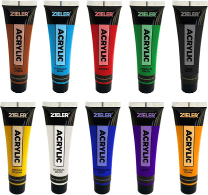 Zieler Premium Acrylic Paint Set (10 Tubes – 38ml - Essential Colours) Ideal for Paper, Canvas, Wood, Ceramic, Fabric & Crafts. Vibrant Colours & Rich Pigments 10 x 38ml Tubes