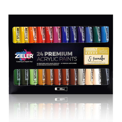 Premium Acrylic Paint Set (24 Large 22ml Tubes) – by Zieler. Ideal for Paper, Canvas, Wood, Ceramic, Fabric & Crafts. Vibrant Colours & Rich Pigments – Includes Starter Guide