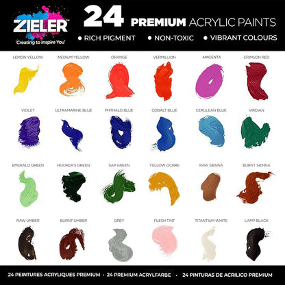 Premium Acrylic Paint Set (24 Large 22ml Tubes) – by Zieler. Ideal for Paper, Canvas, Wood, Ceramic, Fabric & Crafts. Vibrant Colours & Rich Pigments – Includes Starter Guide