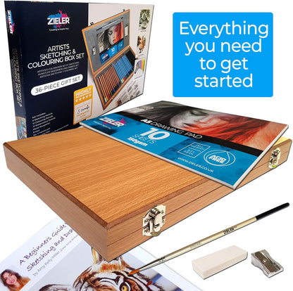 Künstlerstift Holzkistenset von Zieler® - 12 Aquarellstifte, 12 Buntstifte & 6 Skizzier- / Graphitstifte, Metallspitzer, Radiergummi & Zeichenblock (inkl. Starthilfe) - 36-teiliges Set
