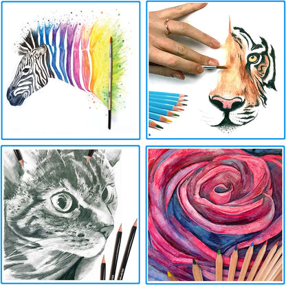 Künstlerstift Holzkistenset von Zieler® - 12 Aquarellstifte, 12 Buntstifte & 6 Skizzier- / Graphitstifte, Metallspitzer, Radiergummi & Zeichenblock (inkl. Starthilfe) - 36-teiliges Set