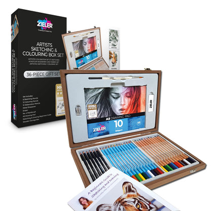 Künstlerstift Holzkistenset von Zieler® - 12 Aquarellstifte, 12 Buntstifte & 6 Skizzier- / Graphitstifte, Metallspitzer, Radiergummi & Zeichenblock (inkl. Starthilfe) - 36-teiliges Set