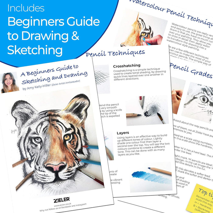 Künstlerstift Holzkistenset von Zieler® - 12 Aquarellstifte, 12 Buntstifte & 6 Skizzier- / Graphitstifte, Metallspitzer, Radiergummi & Zeichenblock (inkl. Starthilfe) - 36-teiliges Set