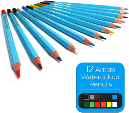 Künstlerstift Holzkistenset von Zieler® - 12 Aquarellstifte, 12 Buntstifte & 6 Skizzier- / Graphitstifte, Metallspitzer, Radiergummi & Zeichenblock (inkl. Starthilfe) - 36-teiliges Set