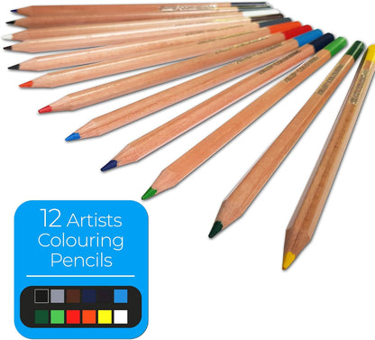Künstlerstift Holzkistenset von Zieler® - 12 Aquarellstifte, 12 Buntstifte & 6 Skizzier- / Graphitstifte, Metallspitzer, Radiergummi & Zeichenblock (inkl. Starthilfe) - 36-teiliges Set