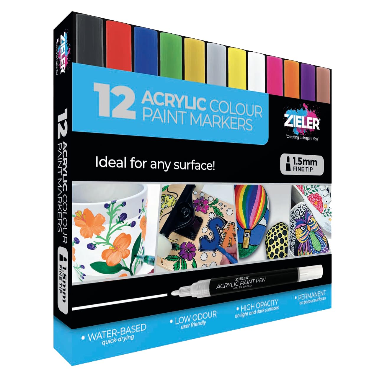 Zieler 12 Acrylic Paint Pens for Rock Painting, Ceramic, Porcelain, Glass, Stone, Pebble, Fabric, Wood & DIY Mug Design Permanent Water-based Marker Pens – Vibrant colours (Fine Tip 1.5mm