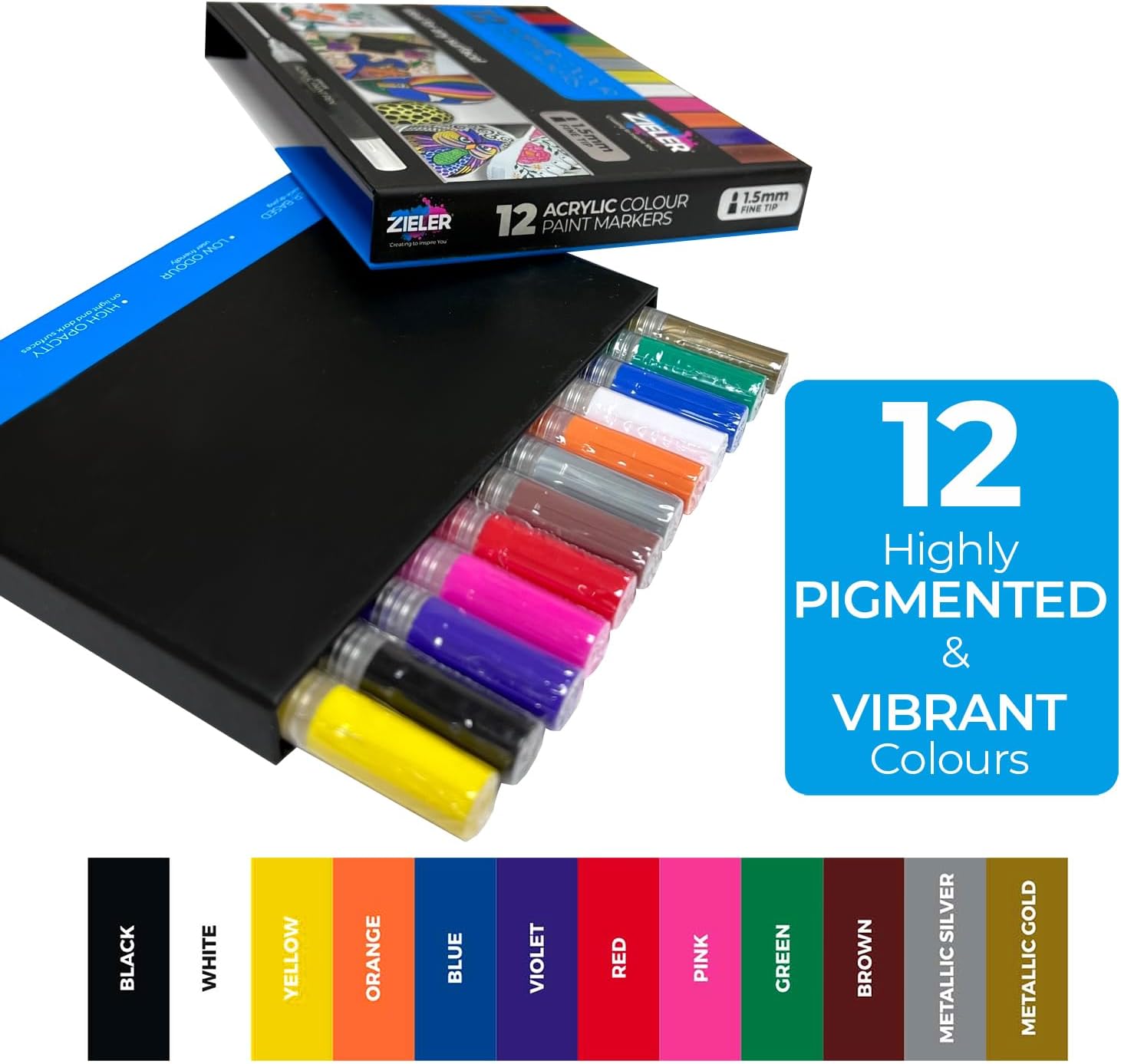 Zieler 12 Acrylic Paint Pens for Rock Painting, Ceramic, Porcelain, Glass, Stone, Pebble, Fabric, Wood & DIY Mug Design Permanent Water-based Marker Pens – Vibrant colours (Fine Tip 1.5mm