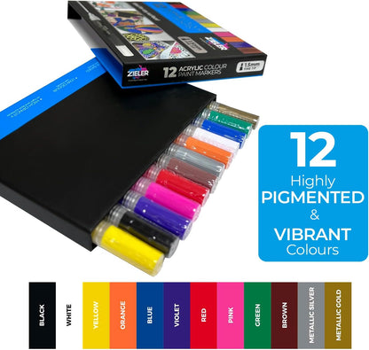 Zieler 12 Acrylic Paint Pens for Rock Painting, Ceramic, Porcelain, Glass, Stone, Pebble, Fabric, Wood & DIY Mug Design Permanent Water-based Marker Pens – Vibrant colours (Fine Tip 1.5mm