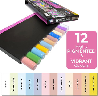 Zieler 12 Acrylic Paint Pens for Rock Painting, Ceramic, Porcelain, Glass, Stone, Pebble, Fabric, Wood & DIY Mug Design Permanent Water-based Marker Pens – Pastel colours (Fine Tip 1.5mm