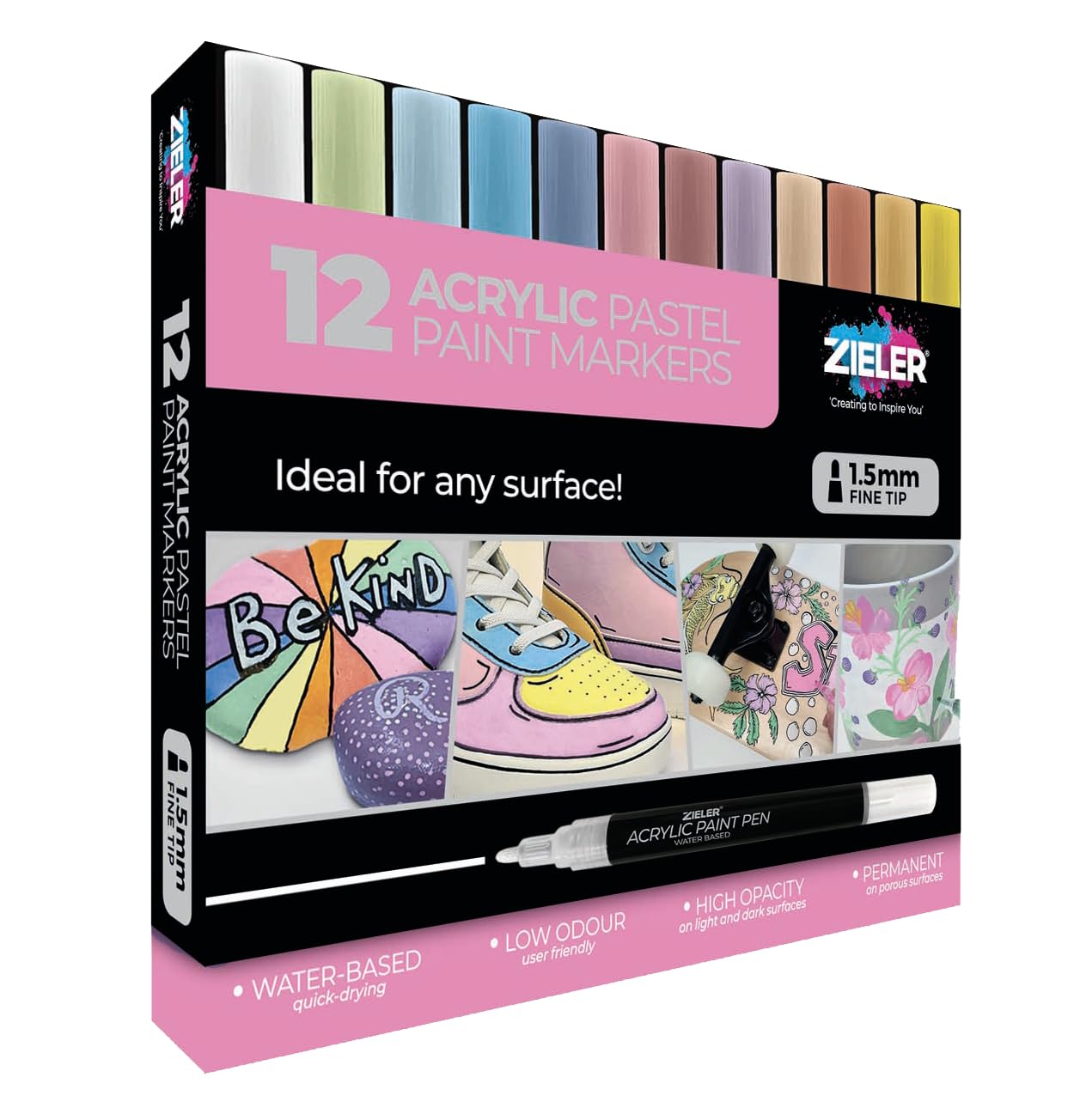 Zieler 12 Acrylic Paint Pens for Rock Painting, Ceramic, Porcelain, Glass, Stone, Pebble, Fabric, Wood & DIY Mug Design Permanent Water-based Marker Pens – Pastel colours (Fine Tip 1.5mm