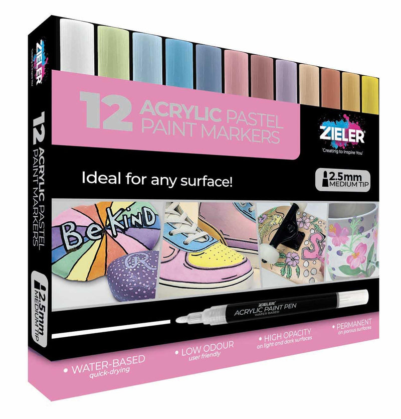 Zieler 12 acrylverfpennen voor rotsschilderen, keramiek, porselein, glas, steen, kiezelsteen, stof, hout en doe-het-zelf mokontwerp, permanente markeerstiften op waterbasis - pastelkleuren (medium