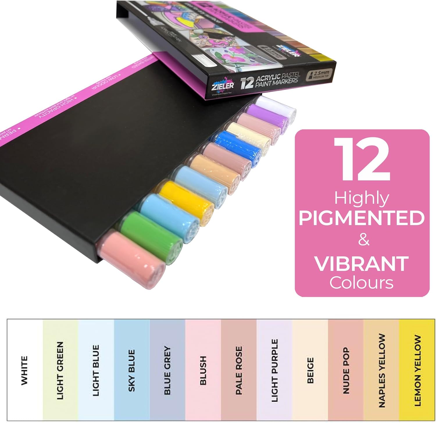 Zieler 12 acrylverfpennen voor rotsschilderen, keramiek, porselein, glas, steen, kiezelsteen, stof, hout en doe-het-zelf mokontwerp, permanente markeerstiften op waterbasis - pastelkleuren (medium