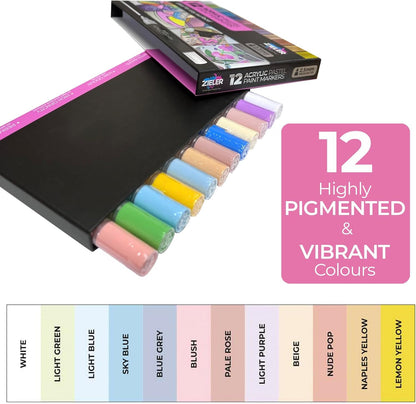 Zieler 12 acrylverfpennen voor rotsschilderen, keramiek, porselein, glas, steen, kiezelsteen, stof, hout en doe-het-zelf mokontwerp, permanente markeerstiften op waterbasis - pastelkleuren (medium
