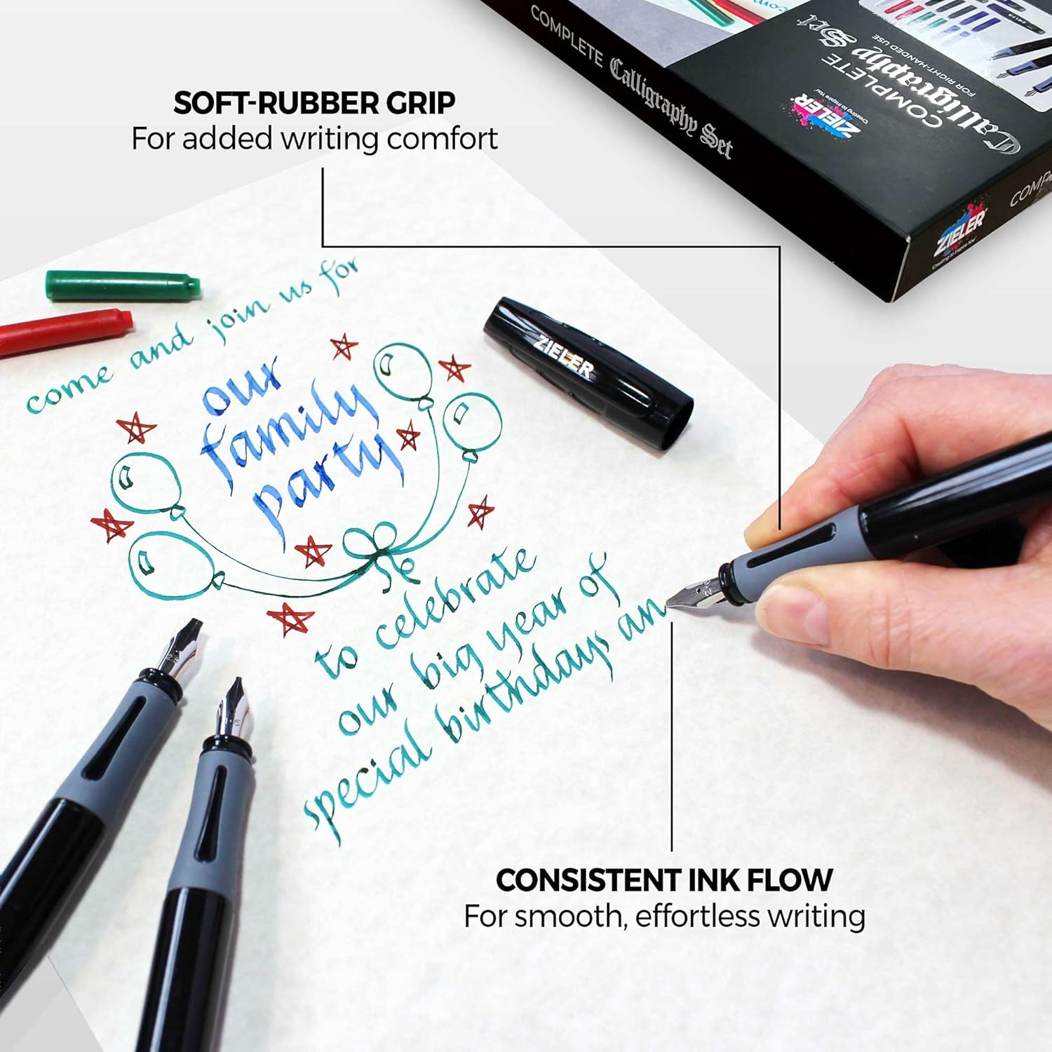 Zieler Calligraphy Pen Set - Complete 3 Pen 17-piece Calligraphy Writing Set Free-flowing pens with soft rubber finger grip ● Suitable for all levels