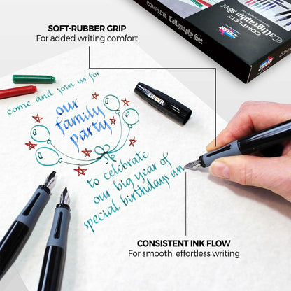Zieler Calligraphy Pen Set - Complete 3 Pen 17-piece Calligraphy Writing Set Free-flowing pens with soft rubber finger grip ● Suitable for all levels