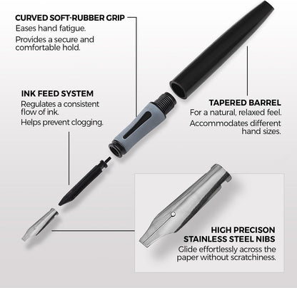 Zieler Calligraphy Pen Set - Complete 3 Pen 17-piece Calligraphy Writing Set Free-flowing pens with soft rubber finger grip ● Suitable for all levels