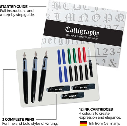 Zieler Calligraphy Pen Set - Complete 3 Pen 17-piece Calligraphy Writing Set Free-flowing pens with soft rubber finger grip ● Suitable for all levels