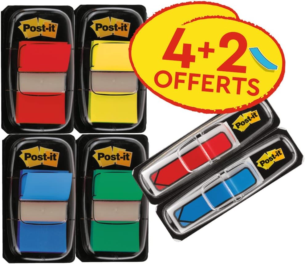 Post-it Index Medium Flags,Value Pack, Pack of 4 Pads + 2 Arrow Pads Free, 248 Flags per Pad,25.4 mm x 43.2 mm, Yellow, Red, Green, Blue Colors - To Mark, Highlight or Color Code Important Information
