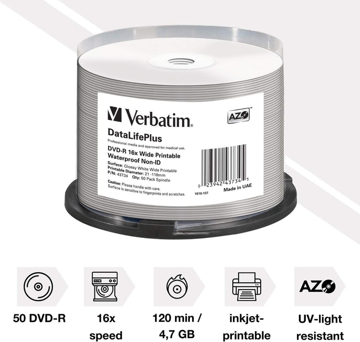 Verbatim 43734 DVD-R Blanks 4.7 GB DL 16x Waterproof Surface Spindle (Pack of 50