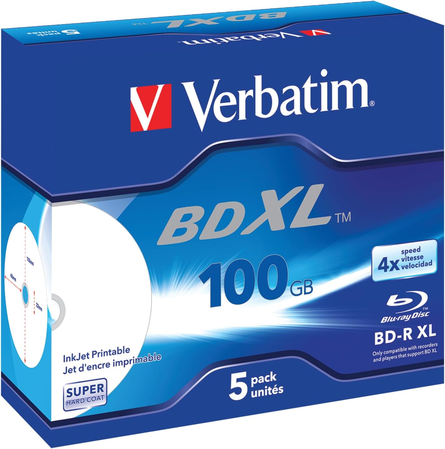 Verbatim BD-R XL 100 GB - Blu-ray Disc with 4x Write Speed, Printable, Jewel Case, 5-Pack