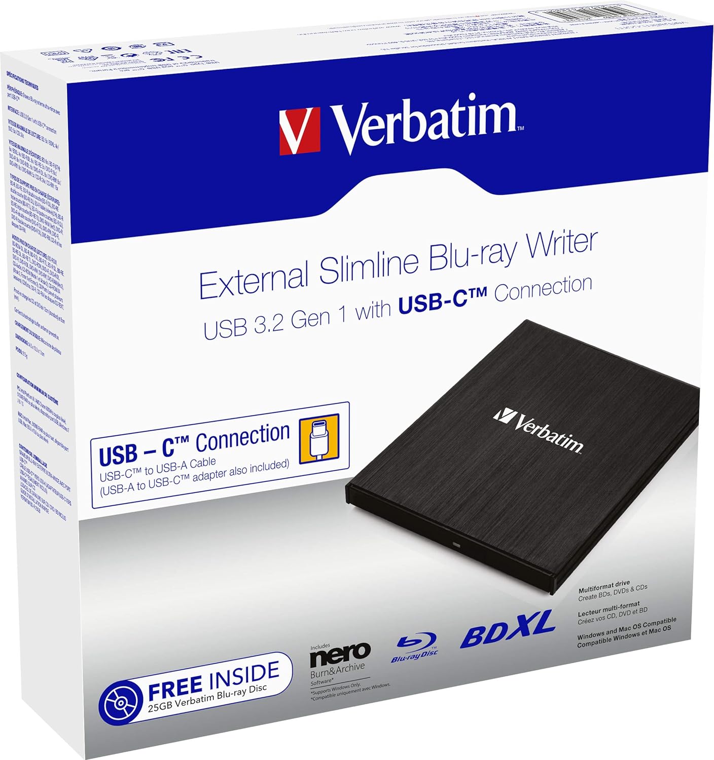 Verbatim External Slimline Blu-ray Writer - USB 3.1 Gen 1 with USB-C connection - Blu-ray player - compact external Blu-ray writer for large backups - external Blu-ray drive - black