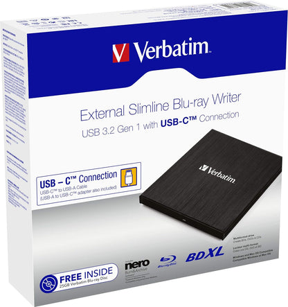 Verbatim External Slimline Blu-ray Writer - USB 3.1 Gen 1 with USB-C connection - Blu-ray player - compact external Blu-ray writer for large backups - external Blu-ray drive - black