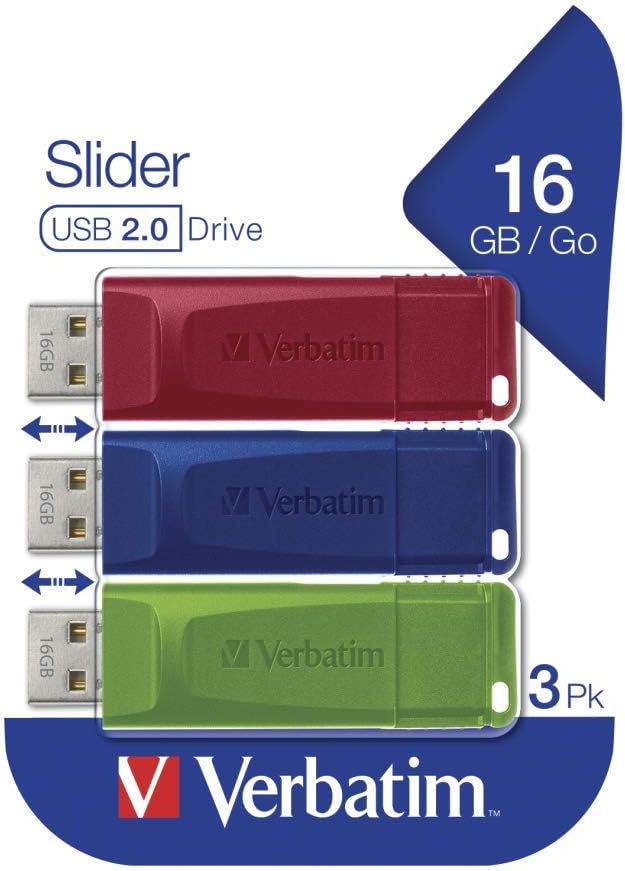 Verbatim Slider USB-flash-drive multipack 16GB - USB 2.0-3x USB memory stick - laptop notebook ultrabook TV car stereo - USB 2.0 stick - data-stick with sliding-mechanism - red blue green