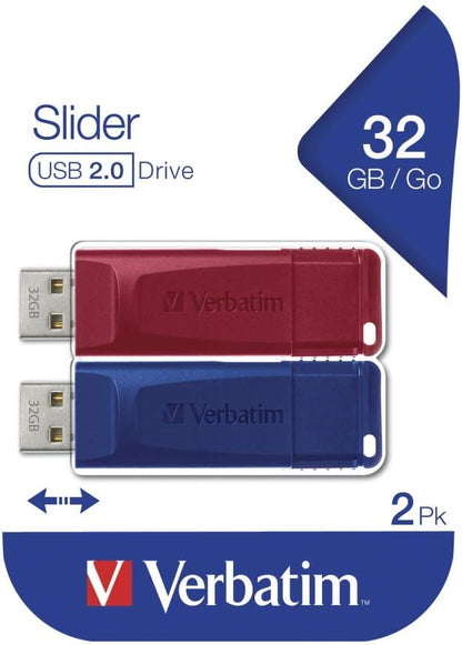 Verbatim Slider USB-flash drive multipack 32GB - USB 2.0-2x USB memory stick - for laptop notebook ultrabook TV car stereo - USB 2.0 stick - data-stick with sliding-mechanism - red blue