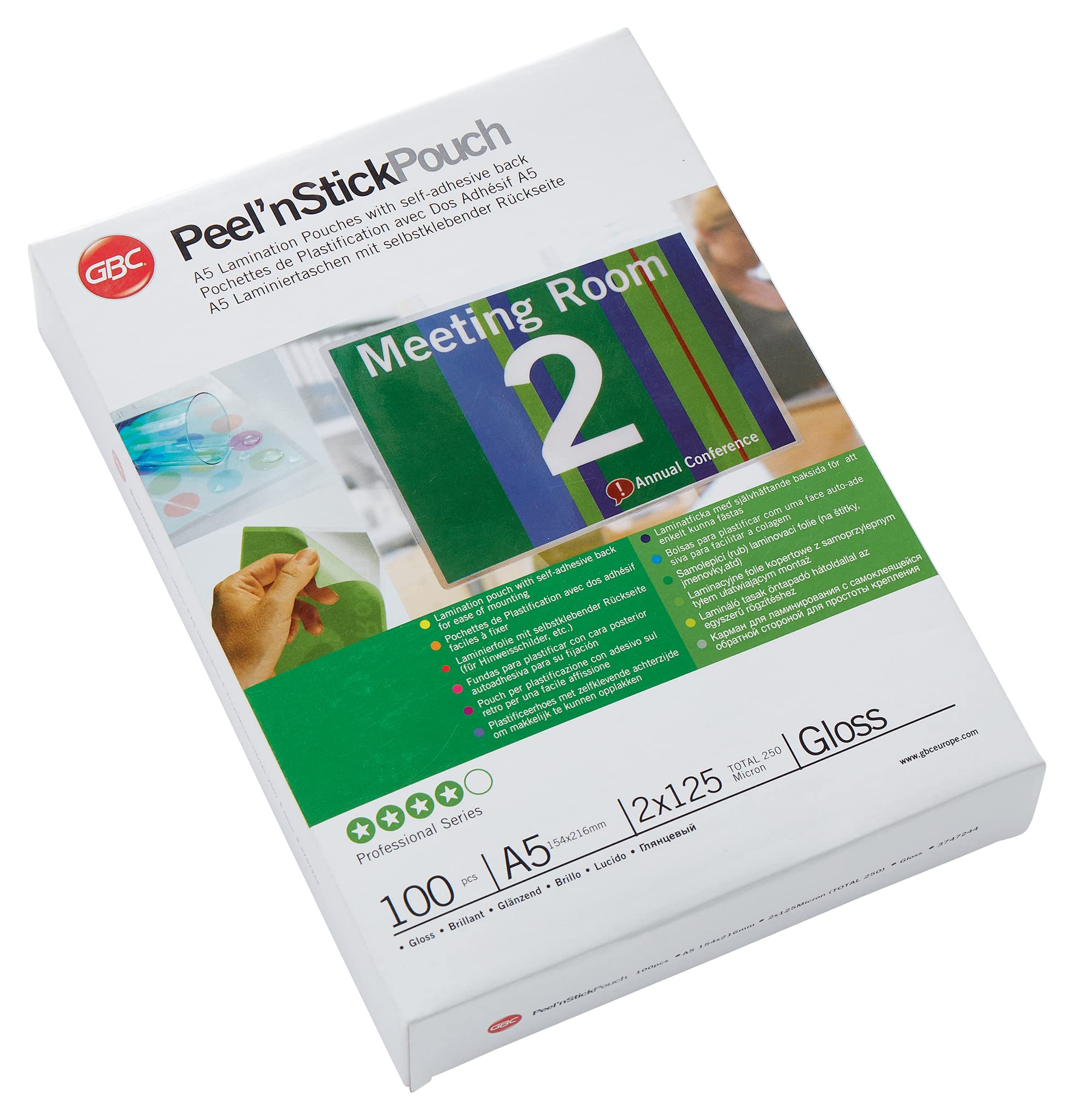 GBC A5 2x125 Micron Peel n' Stick Gloss Laminating Pouches, Pack of 100, 3747244 2 x 75 Signage Pouch A5 Pack 100