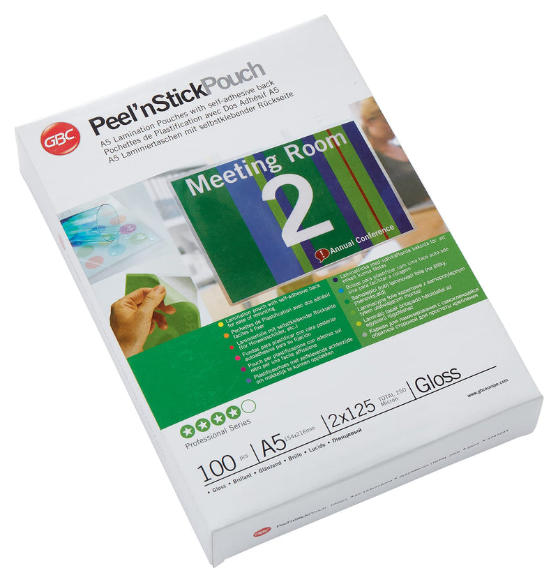 GBC A5 2x125 Micron Peel n' Stick Gloss Laminating Pouches, Pack of 100, 3747244 2 x 75 Signage Pouch A5 Pack 100
