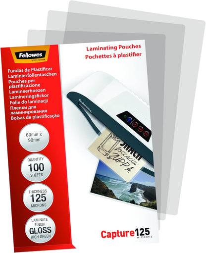 Fellowes Laminating Pouches (60x90mm) - Gloss Finish - 100 Sheets, 250 Micron (2 x 125 Micron) High Quality Finish - Ideal for Photos, ID Cards & Small Documents