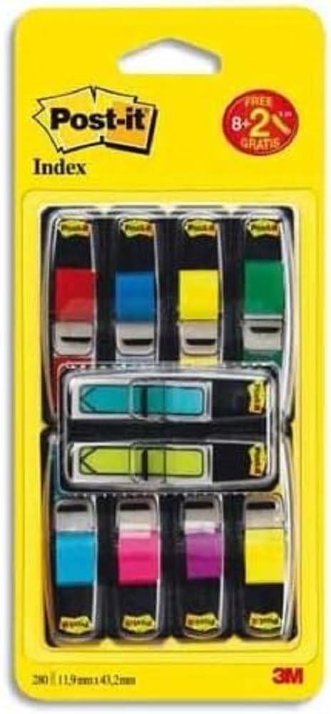 Post-it Index Small Flags,Value Pack, Pack of 8 Pads + 2 Arrow Pads Free, 328 Flags per Pad,11.9 mm x 43.2 mm, Yellow, Red, Green, Blue, Purple, Pink - To Mark or Highlight Important Information