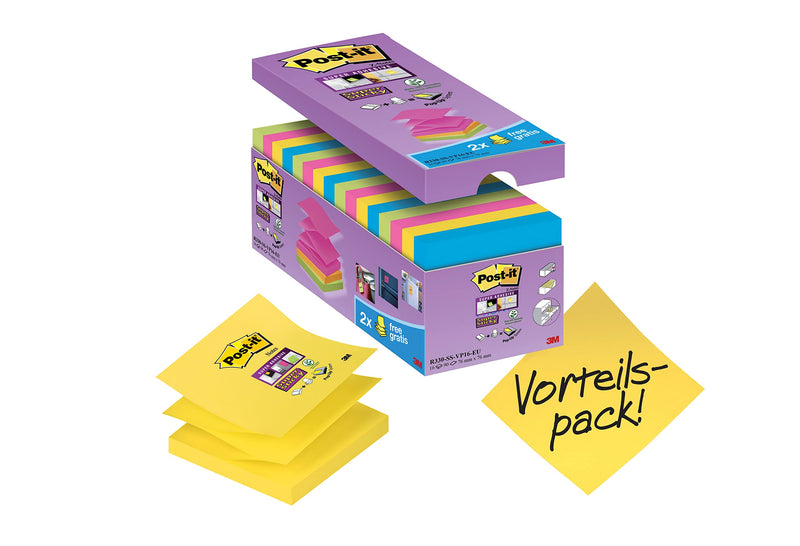 Post-it Super Sticky Z-Notes,Value Pack, Pack of 14 + 2 Free Pads, 90 Sheets per Pad, 76 mm x 76 mm, Green, Yellow, Pink, Blue Colors - Extra Sticky Notes For Note Taking, To Do Lists & Reminders