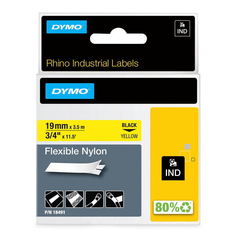 DYMO Rhino Industrial Flexible Nylon Labels, 19 mm x 3.5 m, Black Print on Yellow, Self-Adhesive, for Rhino & LabelManager Label Makers