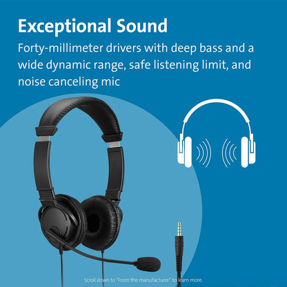 Kensington Hi-Fi Headphones with Mic and Volume Control, Features Rotating Noise-Cancelling Microphone, Adjustable Universal Headband Fits All Ages (K33597WW