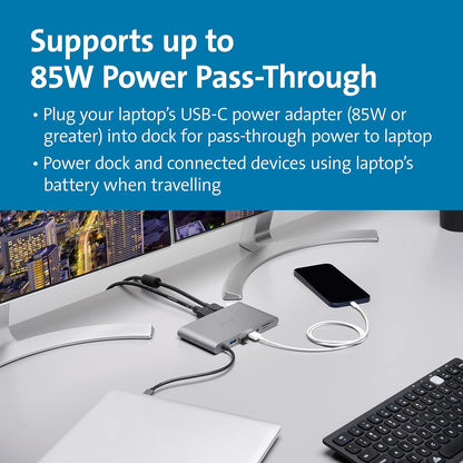 Kensington UH1440P USB-C 10-in-1 Driverless Mobile Laptop Dock, Universal, 3 USB-A Ports, up to 85W Power Pass-Through, Ultra HD (Single 4K @ 30Hz) High Res, Plug & Play Hub with Cable (K33853WW