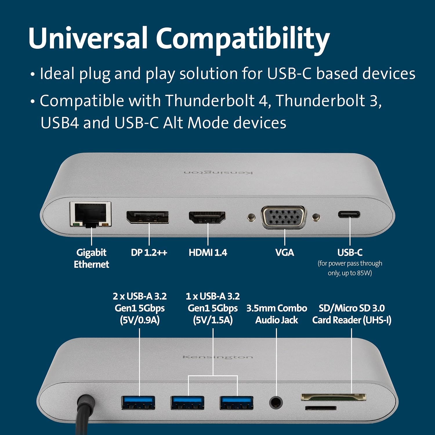 Kensington UH1440P USB-C 10-in-1 Driverless Mobile Laptop Dock, Universal, 3 USB-A Ports, up to 85W Power Pass-Through, Ultra HD (Single 4K @ 30Hz) High Res, Plug & Play Hub with Cable (K33853WW
