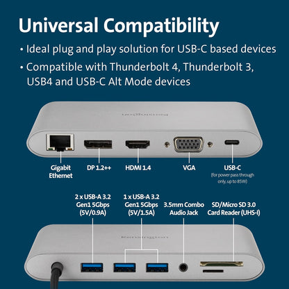Kensington UH1440P USB-C 10-in-1 Driverless Mobile Laptop Dock, Universal, 3 USB-A Ports, up to 85W Power Pass-Through, Ultra HD (Single 4K @ 30Hz) High Res, Plug & Play Hub with Cable (K33853WW