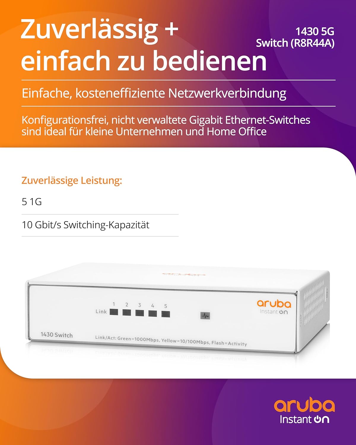 Aruba Instant On 1430 5-Port Gb Unmanaged Layer-2-Ethernet-Switch | 5x 1G | Lüfterlos | EU-Kabel (R8R44A#ABB